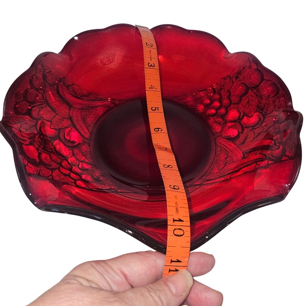 VTG Indiana Glass Deep Ruby Red Glass Ruffled Collar Fruit Bowl Cadmium Glow - Picture 8 of 9